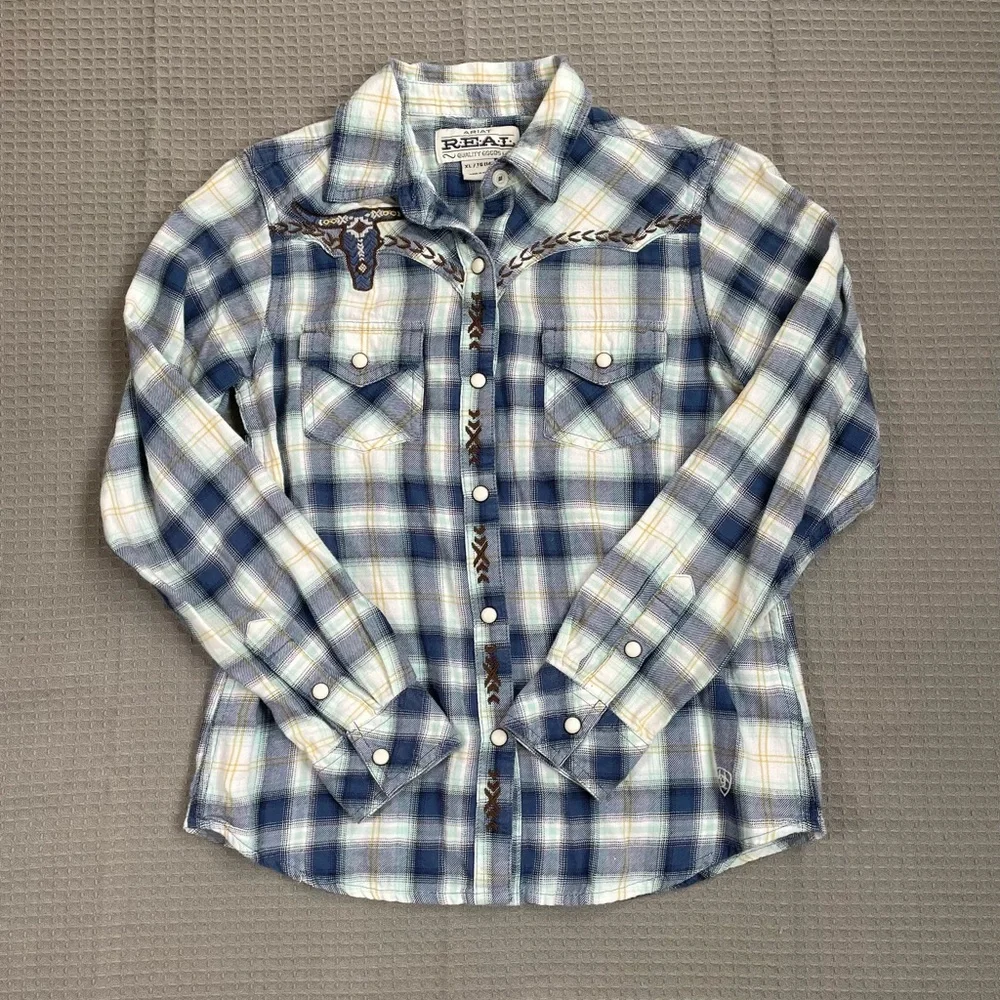 Ariat Real Integrity Flannel‎ Shirt XL 14 Girls Pearl Snap Plaid Western